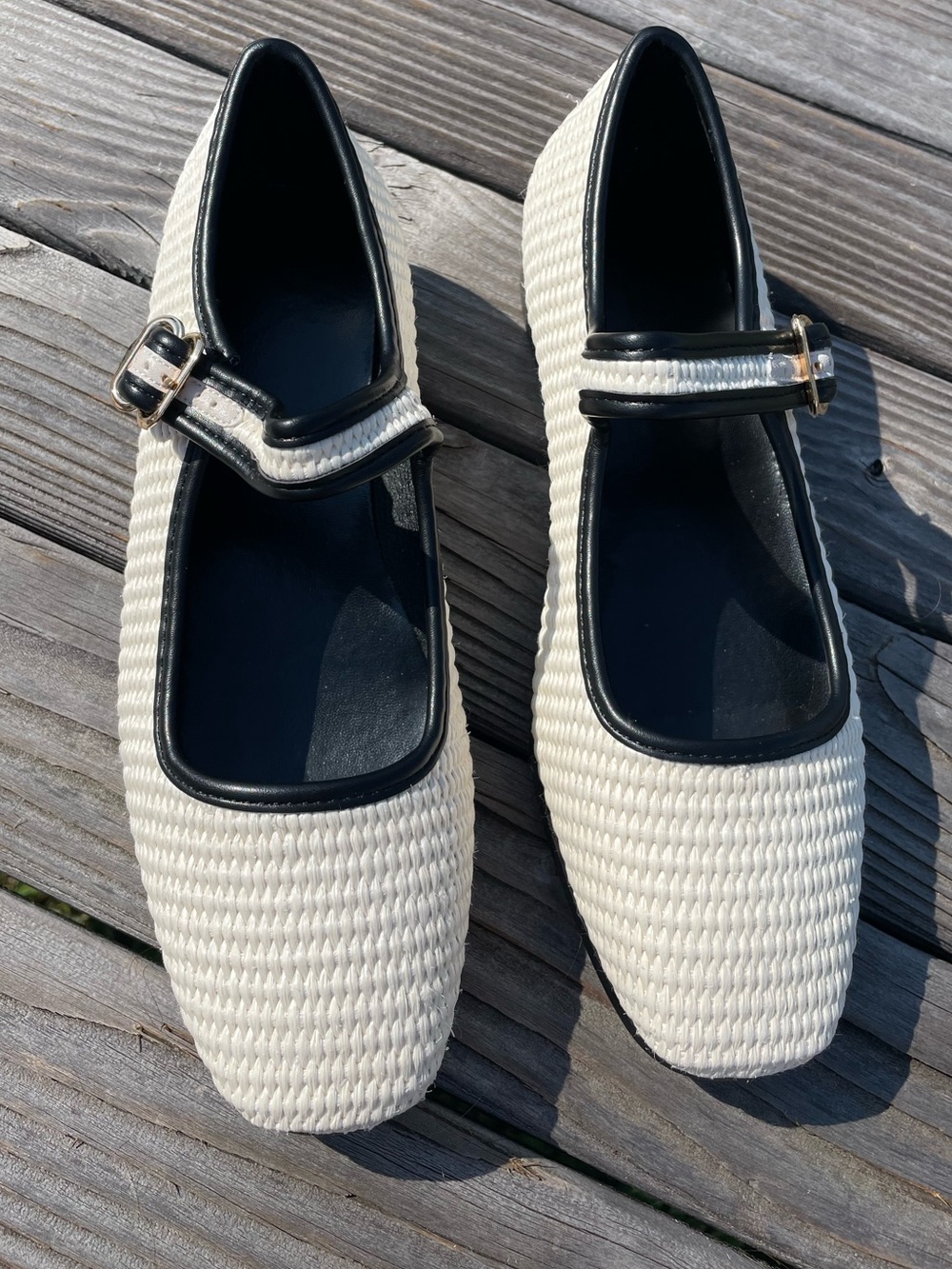 Woven Cream Mary Jane Flats with Black Trim-New
